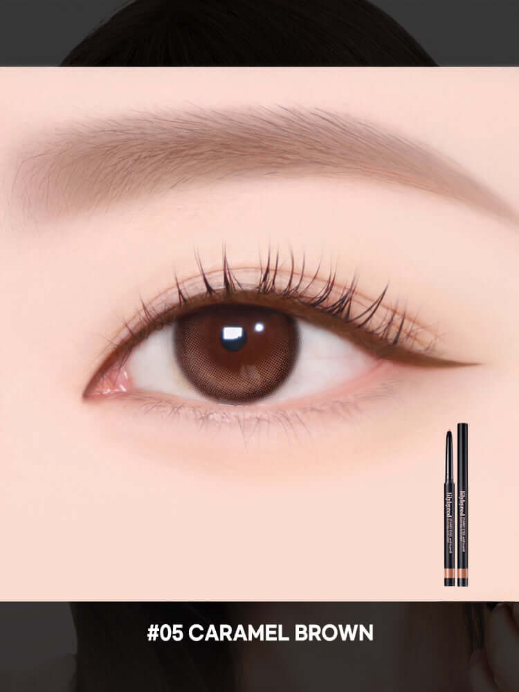 LILYBYRED Starry Eyes Am9 To Pm9 Slim Gel Eyeliner 0.14g shown on a model's eye, featuring #05 Caramel Brown.