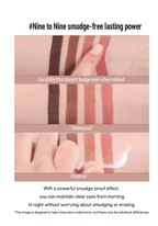 LILYBYRED Starry Eyes Am9 To Pm9 Slim Gel Eyeliner 0.14g showing smudge-proof, waterproof, and oil-proof durability on skin swatches.