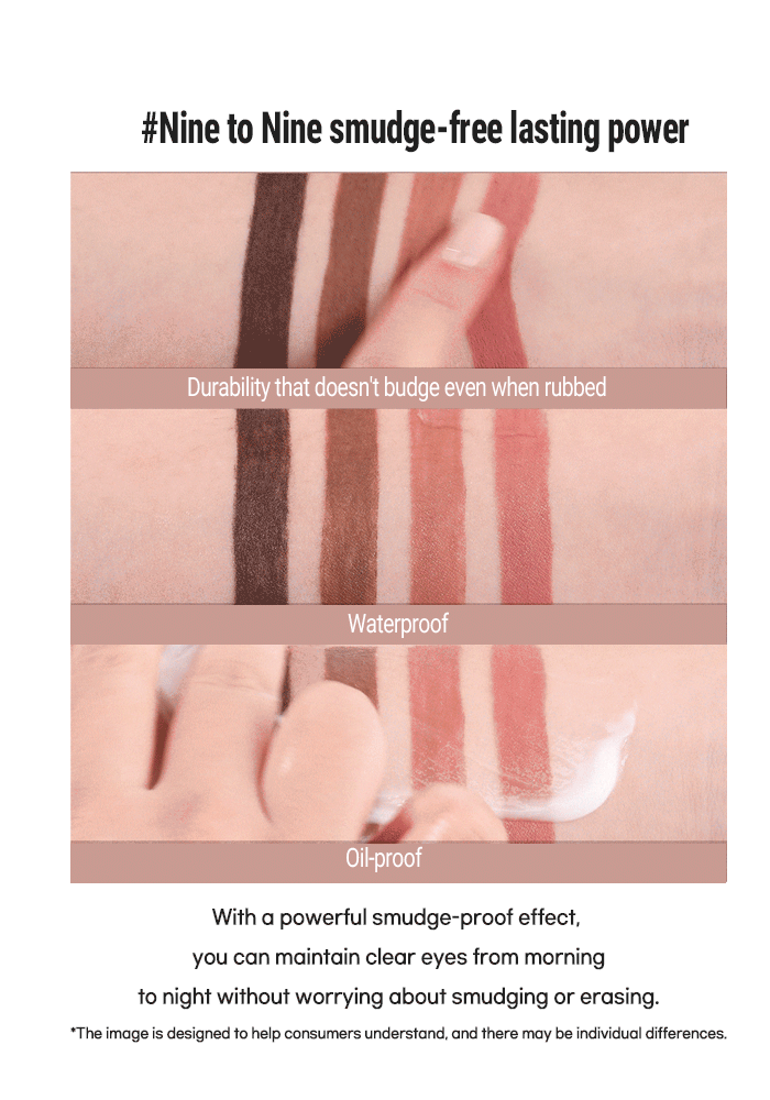 LILYBYRED Starry Eyes Am9 To Pm9 Slim Gel Eyeliner 0.14g showing smudge-proof, waterproof, and oil-proof durability on skin swatches.