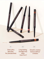 LILYBYRED Starry Eyes Am9 To Pm9 Slim Gel Eyeliner 0.14g displayed in various shades with features highlighted.
