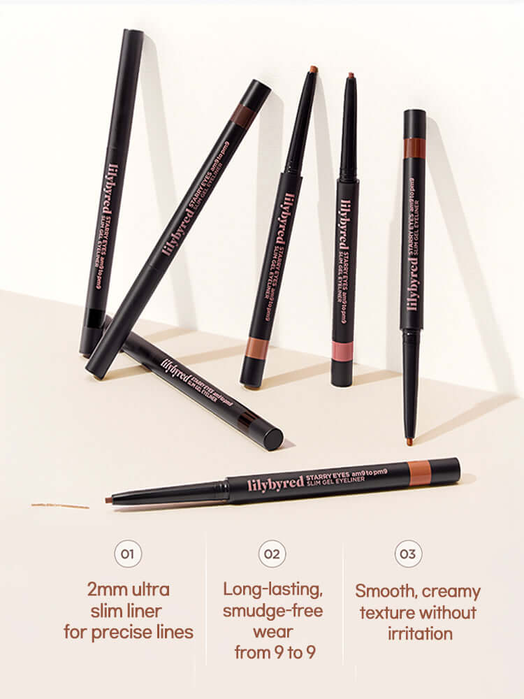 LILYBYRED Starry Eyes Am9 To Pm9 Slim Gel Eyeliner 0.14g displayed in various shades with features highlighted.
