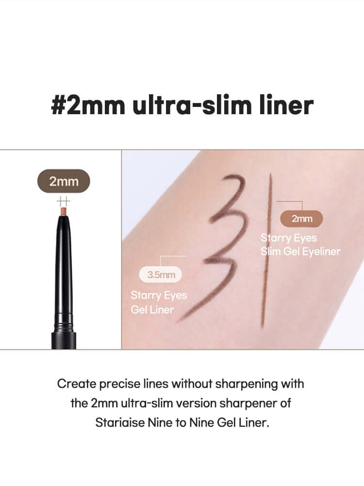 LILYBYRED Starry Eyes Am9 To Pm9 Slim Gel Eyeliner 0.14g swatches showing #2mm ultra-slim liner precision for sharp eye definition.