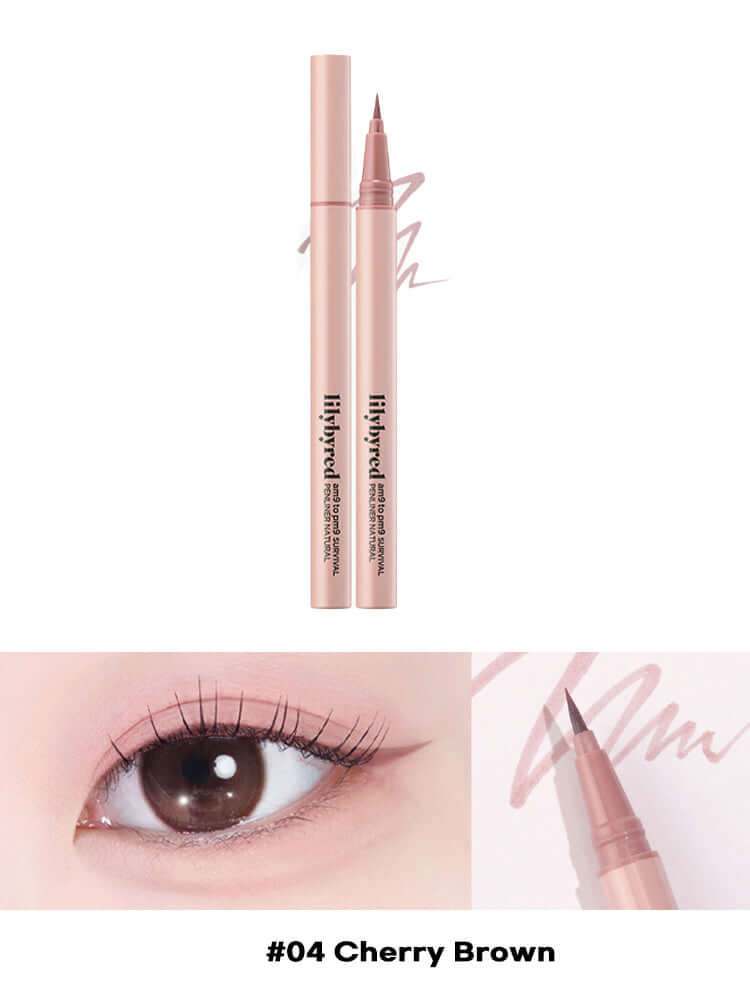 LILYBYRED Am9 To Pm9 Survival Penliner Natural 1g #04 Cherry Brown shown on a model's eye for natural definition.
