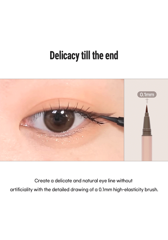 LILYBYRED Am9 To Pm9 Survival Penliner Natural 1g showing application on eye with 0.1mm high-elasticity brush for precise lines.
