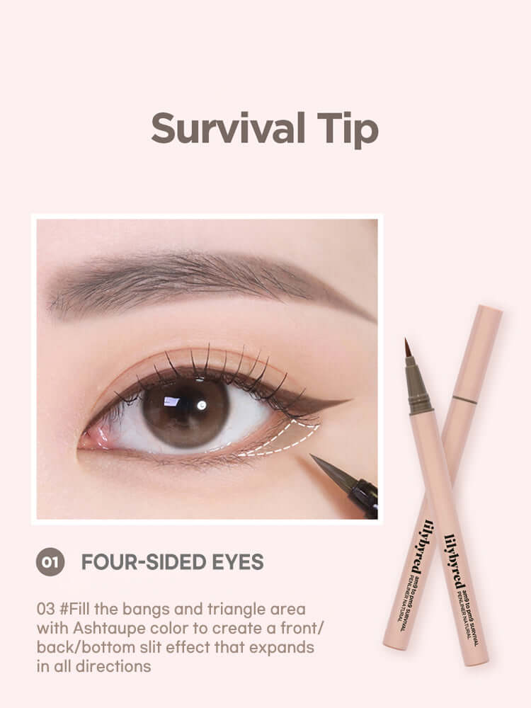 LILYBYRED Am9 To Pm9 Survival Penliner Natural 1g application tips for four-sided eyes with ash taupe color.