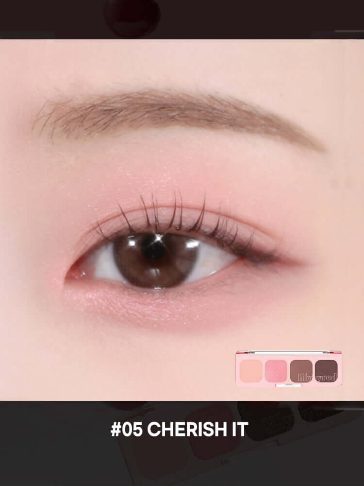 LILYBYRED Cherry Bell showcasing the #05 Cherish It eye look with soft pink and neutral tones.