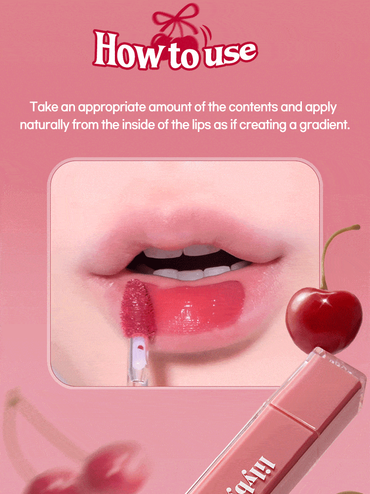 LILYBYRED Cherry Bell application guide featuring cherry-red lip color for a fresh gradient effect.