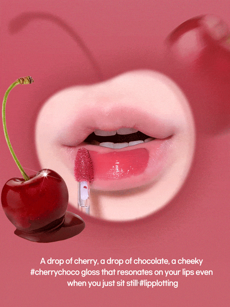 LILYBYRED Cherry Bell lip gloss applied on lips, showcasing vibrant cherry and chocolate tones for a fresh look.