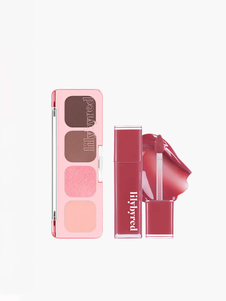 LILYBYRED Cherry Bell eyeshadow palette and lip product showcasing cherry tones and smooth texture.