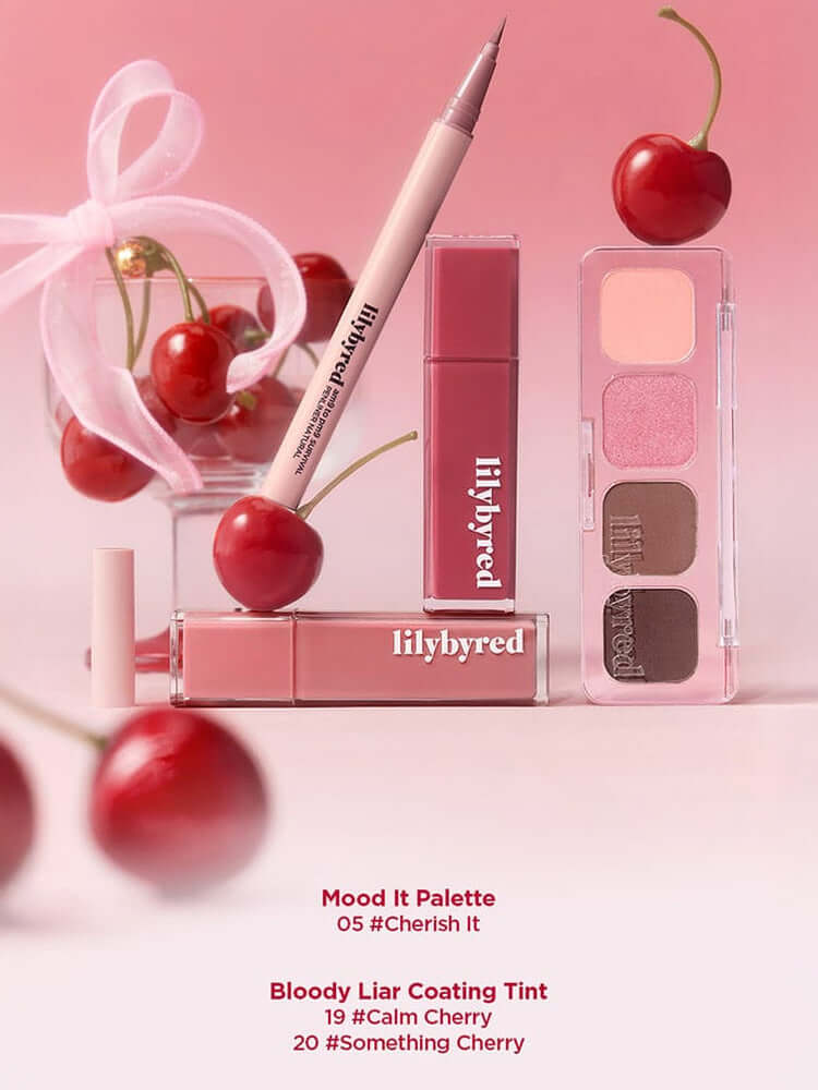 LILYBYRED Cherry Bell beauty products featuring Mood It Palette and Bloody Liar Coating Tint with cherries in the background.