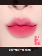 LILYBYRED Bloody Liar Coating Tint 4g shown on lips with a glossy finish in #05 TALENTED PEACH shade.