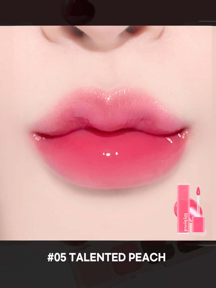 LILYBYRED Bloody Liar Coating Tint 4g shown on lips with a glossy finish in #05 TALENTED PEACH shade.