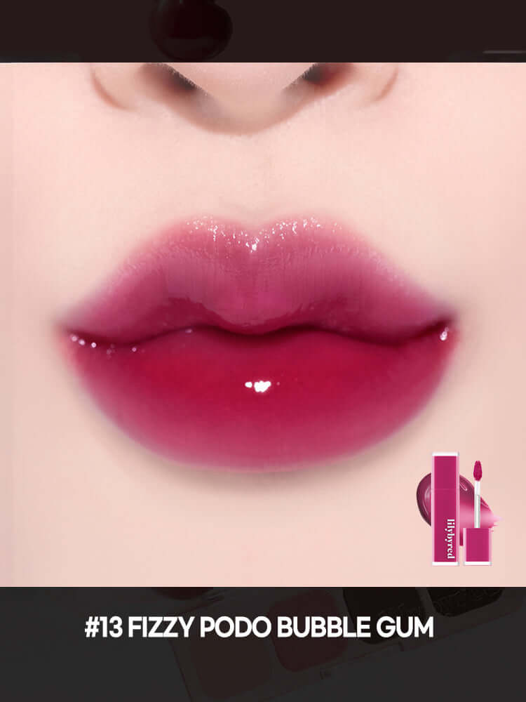 LILYBYRED Bloody Liar Coating Tint 4g swatch on lips showcasing a glossy finish in deep cherry and chocolate shades.
