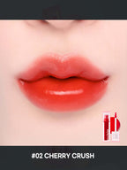 LILYBYRED Juicy Liar Water Tint 4.8g shown on lips in shade #02 Cherry Crush, showcasing a vibrant glossy finish.