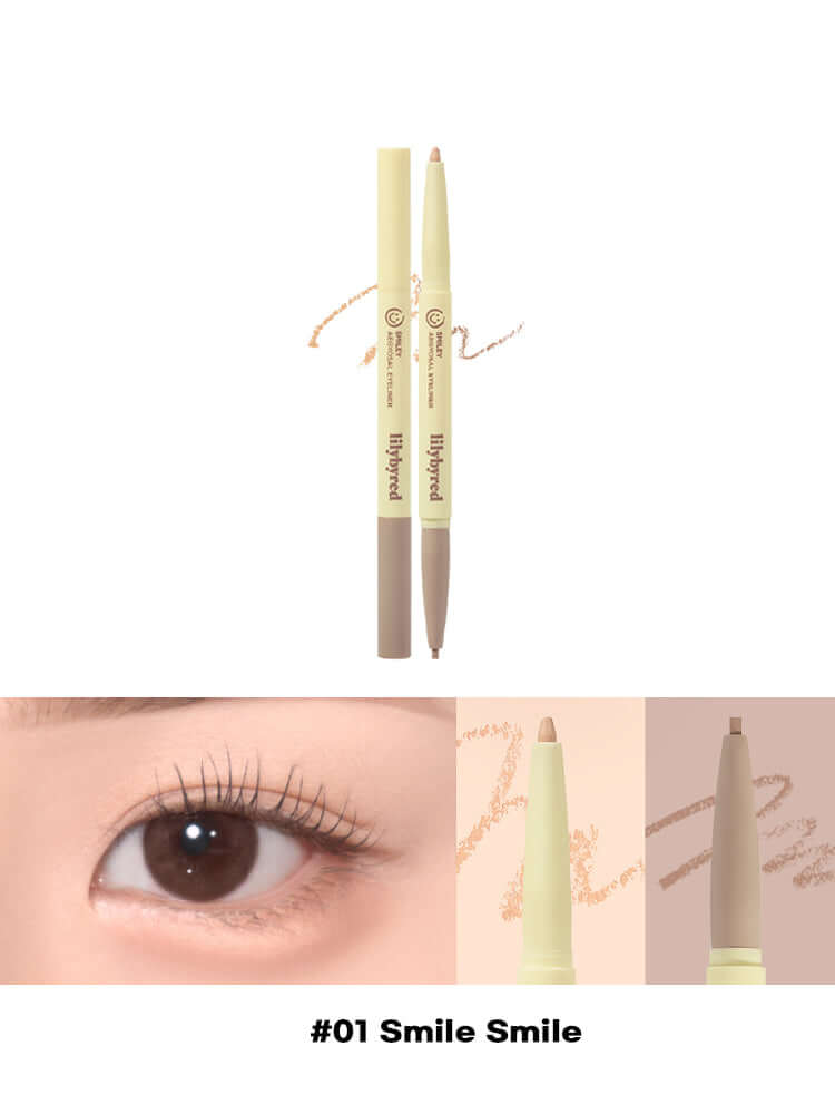 LILYBYRED Smiley Aegyosal Eyeliner showcasing #01 Smile Smile, smooth texture, natural aegyosal look, and dual-type design.