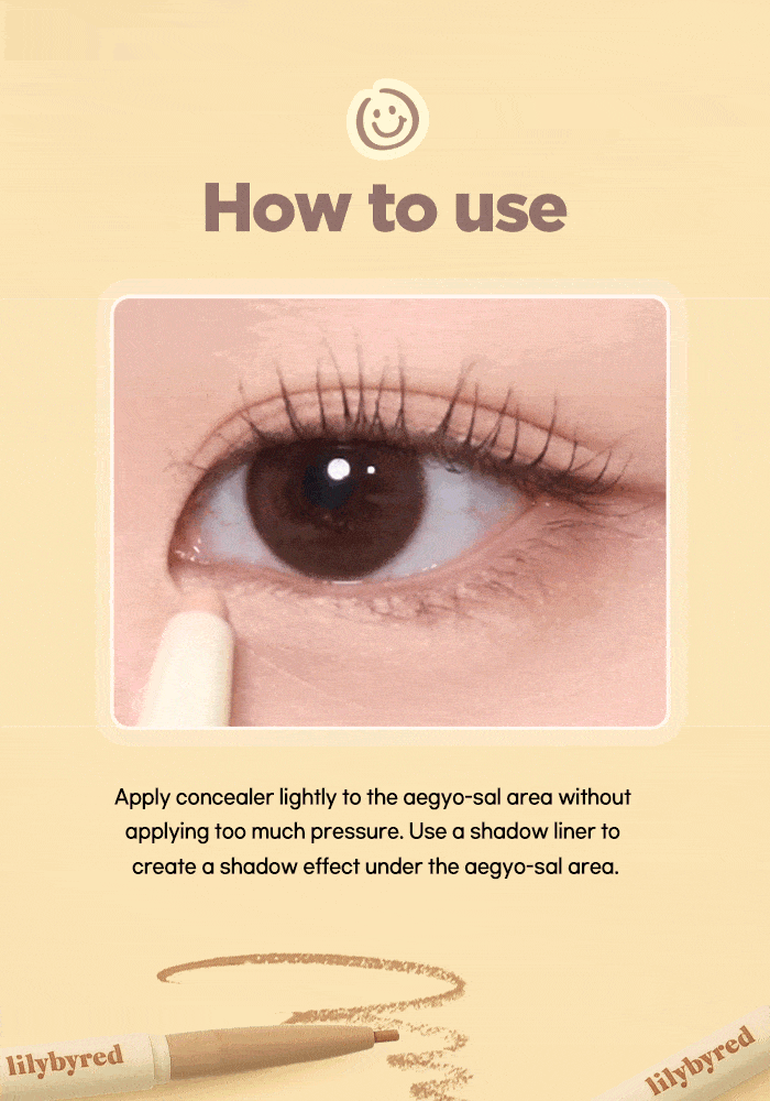 LILYBYRED Smiley Aegyosal Eyeliner application guide demonstrating use on the aegyo-sal area.