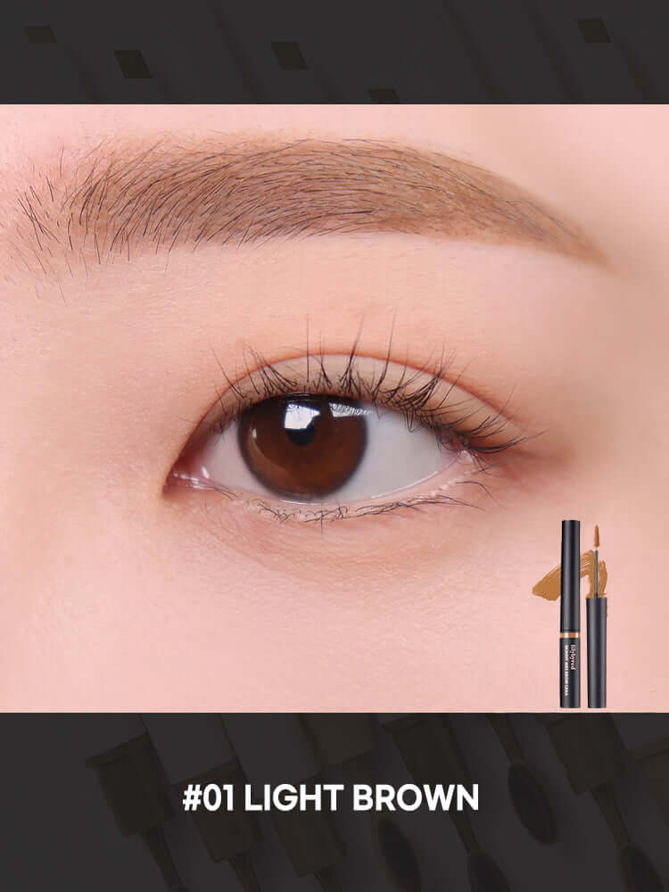 Close-up of eye with #01 Light Brown shade using LILYBYRED Skinny Mes Brow Mascara 3.5g for precise brow coloring.
