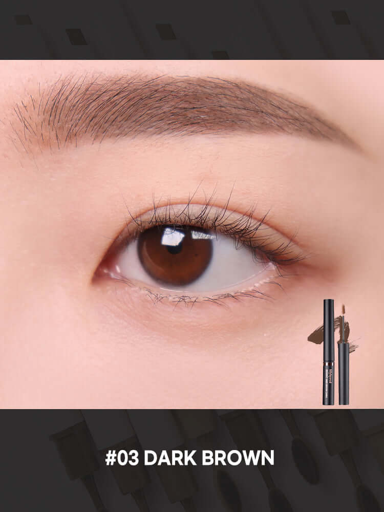 Close-up of eye showcasing LILYBYRED Skinny Mes Brow Mascara 3.5g in #03 Dark Brown for precise brow definition.