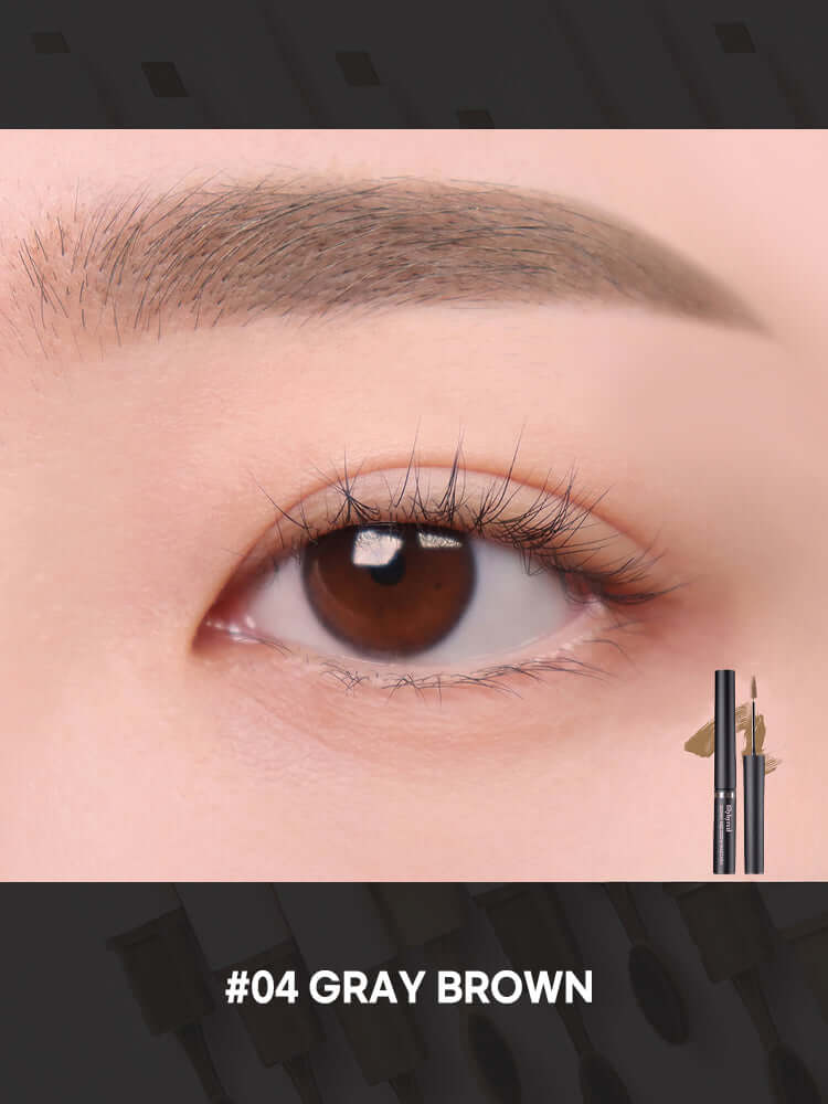 LILYBYRED Skinny Mes Brow Mascara 3.5g in #04 Gray Brown showcased on a model's eye for precise brow detailing.