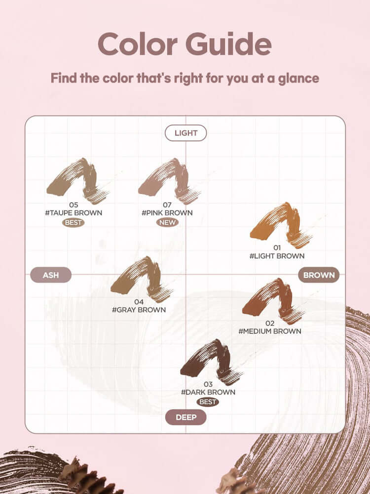 Color guide chart for LILYBYRED Skinny Mes Brow Mascara 3.5g showing shades: Taupe Brown, Pink Brown, Light Brown, Gray Brown, Dark Brown, Medium Brown.
