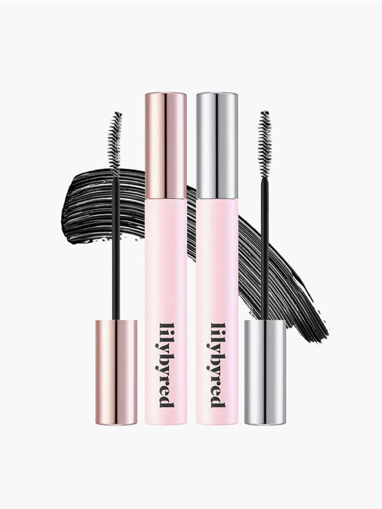 LILYBYRED Am9 To Pm9 Infinite Mascara 7g in three shades with applicators and brush, perfect for defined lashes.