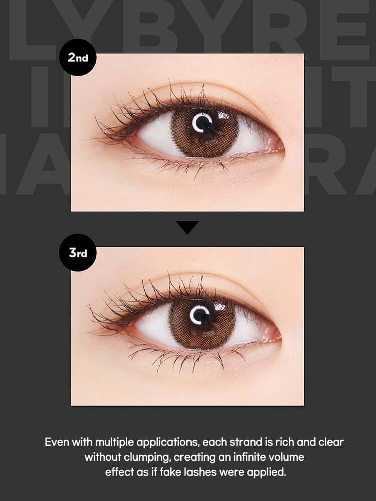LILYBYRED Am9 To Pm9 Infinite Mascara 7g eye transformation with defined lashes and no clumping, showcasing rich volume.