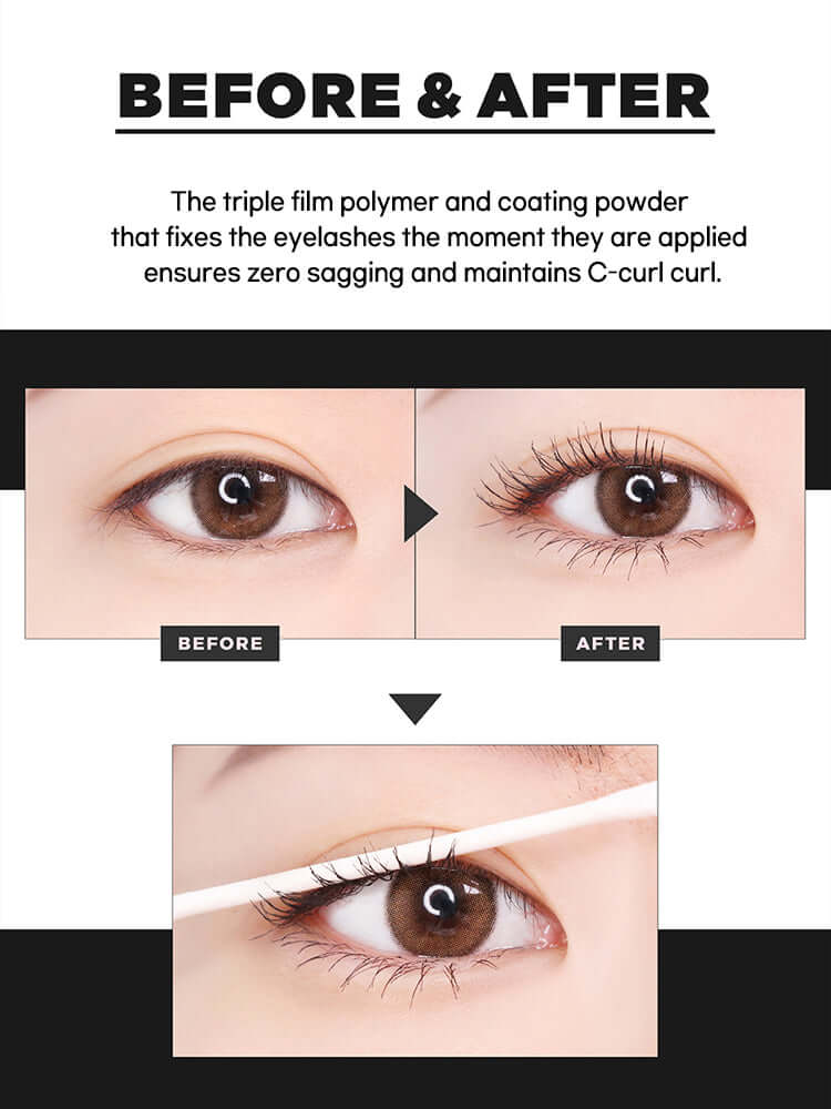 Before and after using LILYBYRED Am9 To Pm9 Infinite Mascara 7g showcasing defined lashes with C-curl hold.