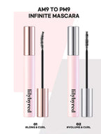 LILYBYRED Am9 To Pm9 Infinite Mascara 7g in Long & Curl and Volume & Curl variations with applicators.