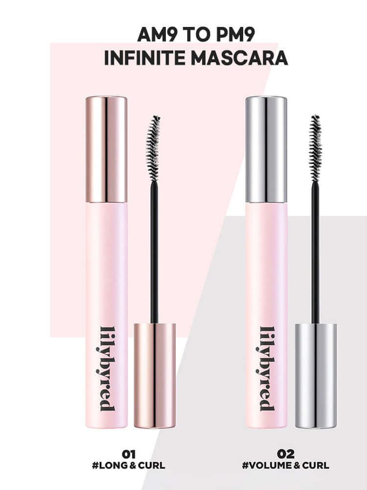 LILYBYRED Am9 To Pm9 Infinite Mascara 7g in Long & Curl and Volume & Curl variations with applicators.