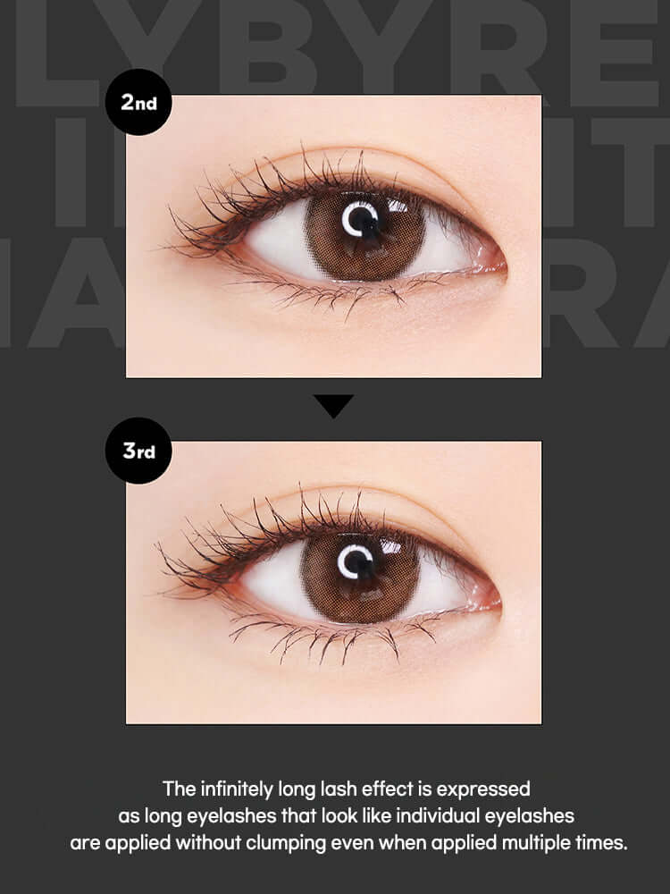 LILYBYRED Am9 To Pm9 Infinite Mascara 7g results showing long and defined eyelashes without clumping.