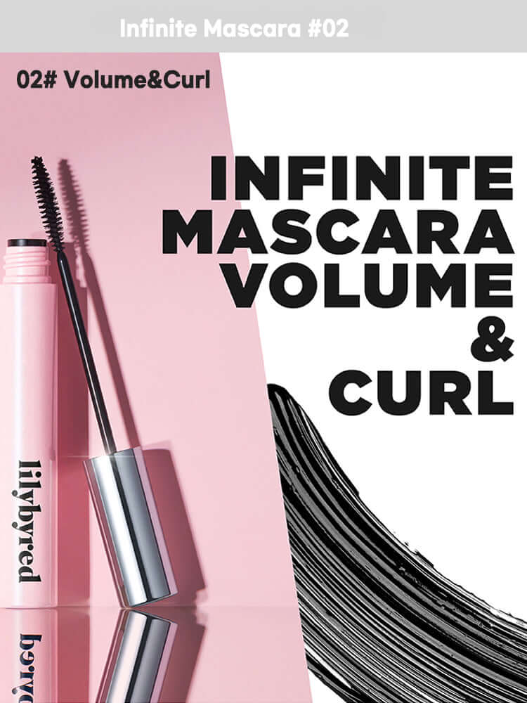 LILYBYRED Am9 To Pm9 Infinite Mascara 7g with brush and product showing volume and curl effect.