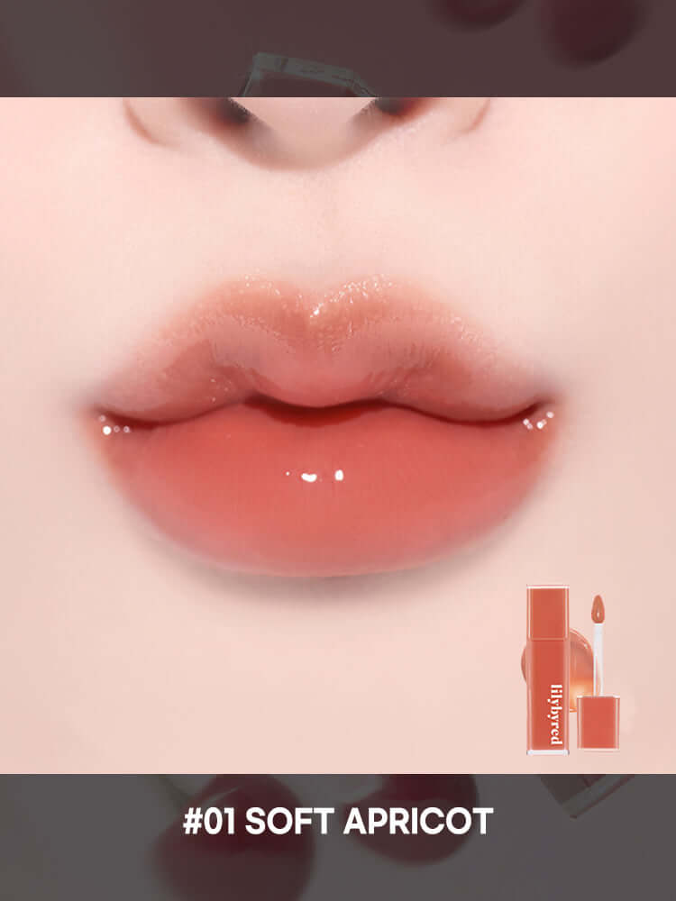 LILYBYRED Bloody Liar Coating Tint 4g in shade #01 Soft Apricot with glossy lips for a perfect pout.