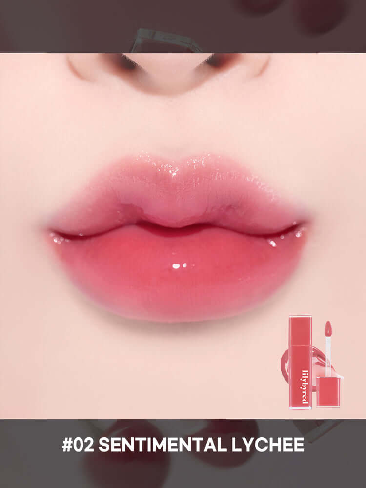 LILYBYRED Bloody Liar Coating Tint 4g applied on lips showcasing a soft cherry tint in #02 Sentimental Lychee.