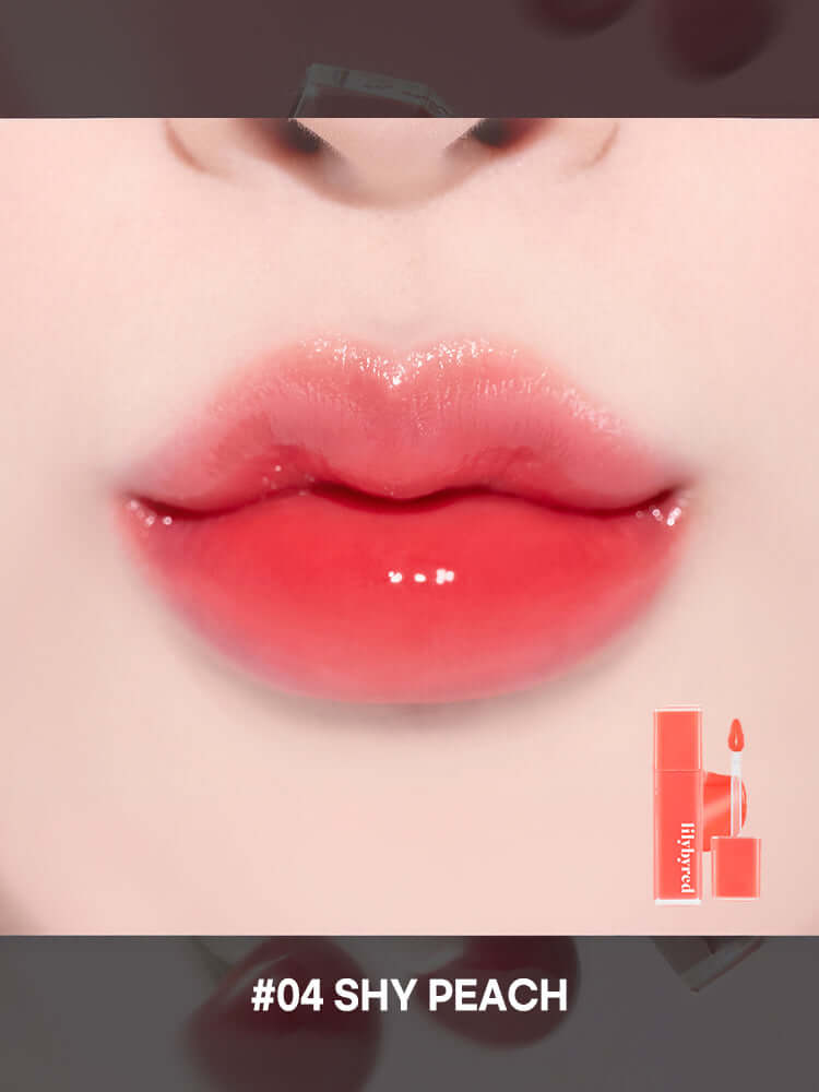 LILYBYRED Bloody Liar Coating Tint 4g applied on lips, displaying #04 Shy Peach vibrant gloss finish.