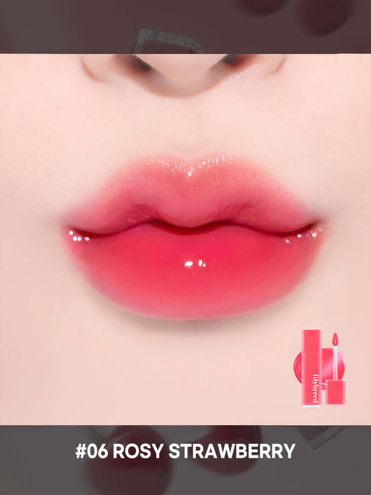 LILYBYRED Bloody Liar Coating Tint 4g swatch on lips in #06 Rosy Strawberry shade, showcasing a glossy finish.