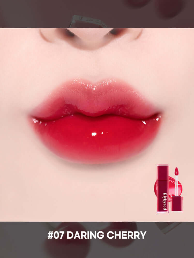 LILYBYRED Bloody Liar Coating Tint 4g shown on lips, featuring #07 Daring Cherry shade with a glossy finish.