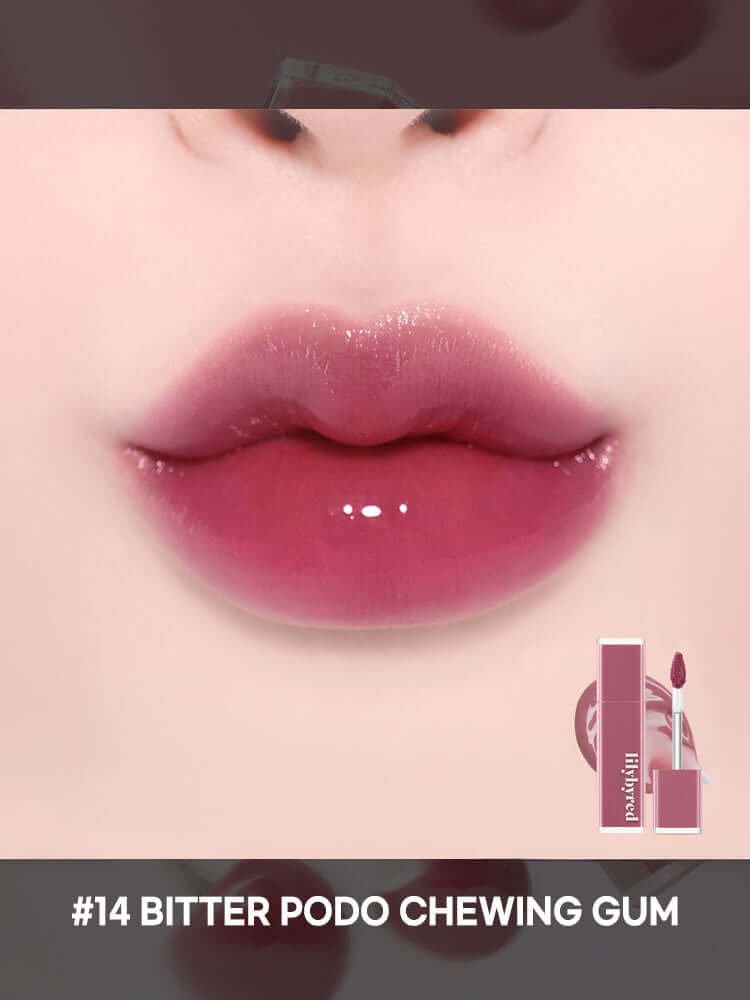 LILYBYRED Bloody Liar Coating Tint 4g, showcasing rich cherry tint on soft lips for a glossy finish.