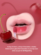 LILYBYRED Bloody Liar Coating Tint 4g applied to lips with cherry and chocolate background, showcasing soft shine.