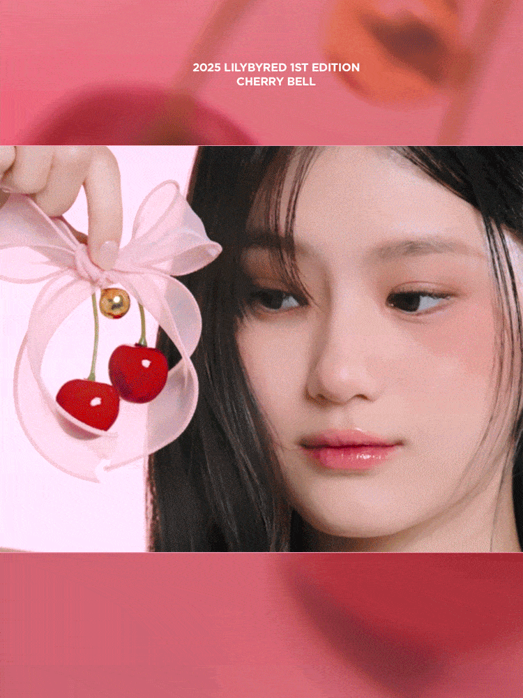 LILYBYRED Bloody Liar Coating Tint 4g model showcasing cherry-themed accessory in soft pastel background.