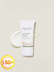 MARY&MAY CICA Soothing Sun Cream 50ml SPF50+/PA++++ in a tube with a creamy texture