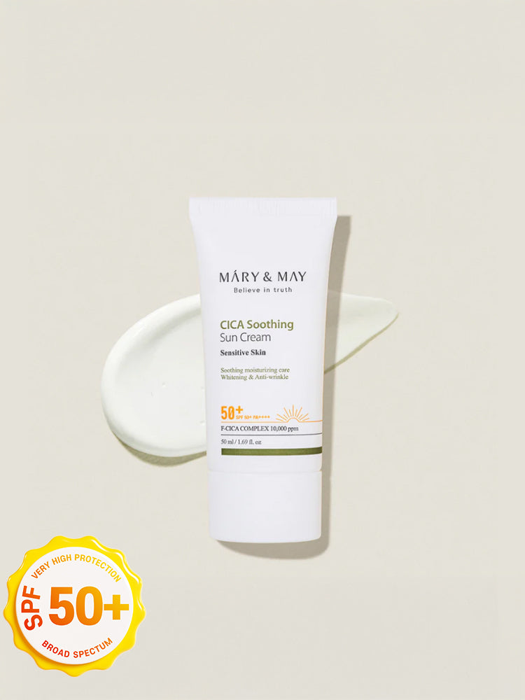 MARY&MAY CICA Soothing Sun Cream 50ml SPF50+/PA++++ in a tube with a creamy texture