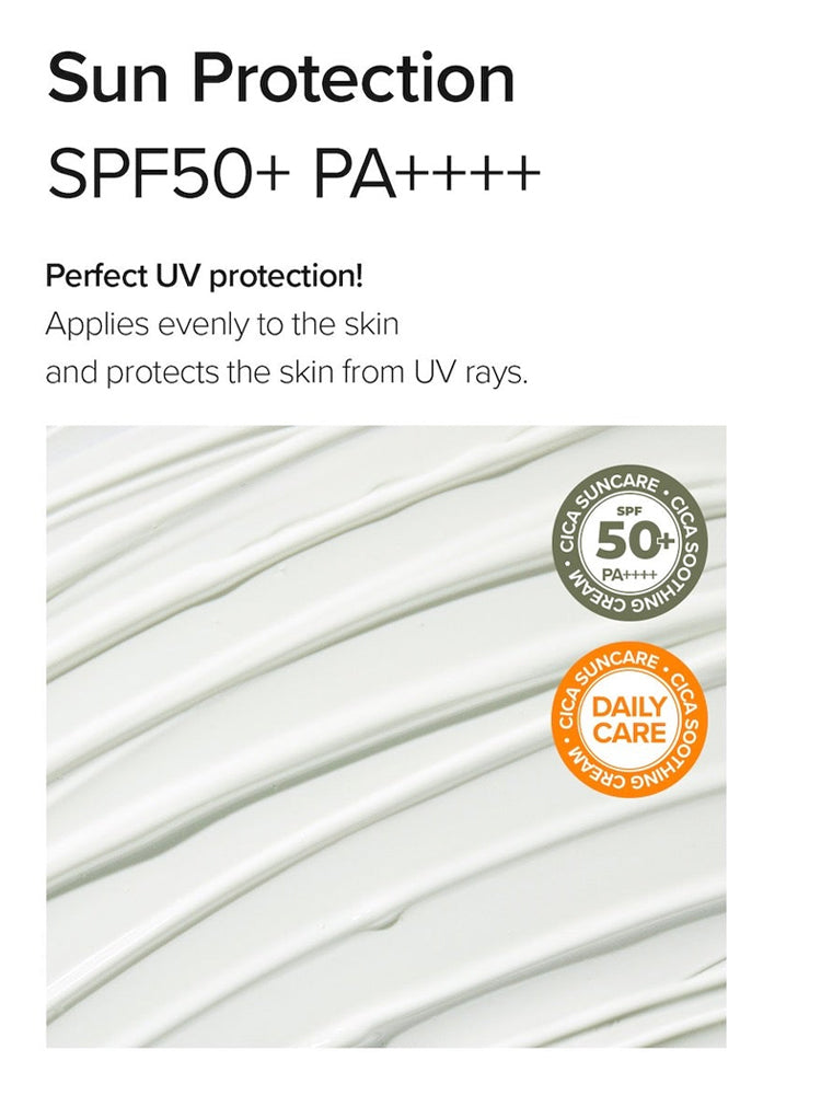 MARY&MAY CICA Soothing Sun Cream 50ml SPF50+/PA++++ features smooth application and effective UV protection.