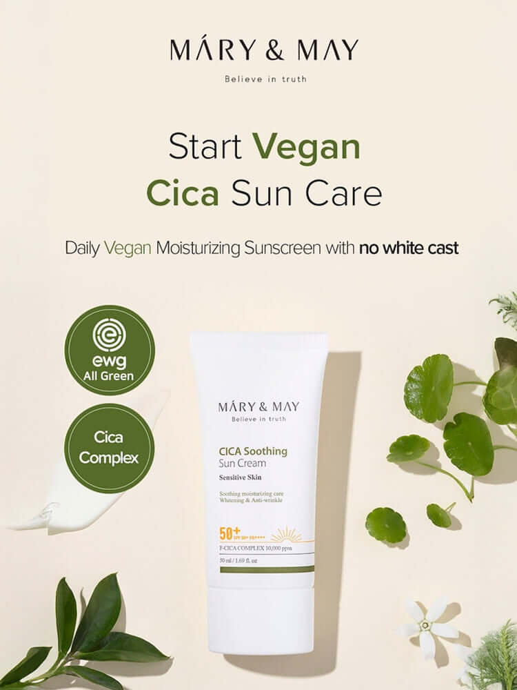 MARY&MAY CICA Soothing Sun Cream 50ml SPF50+/PA++++ with moisturizing formula for vegan suncare.