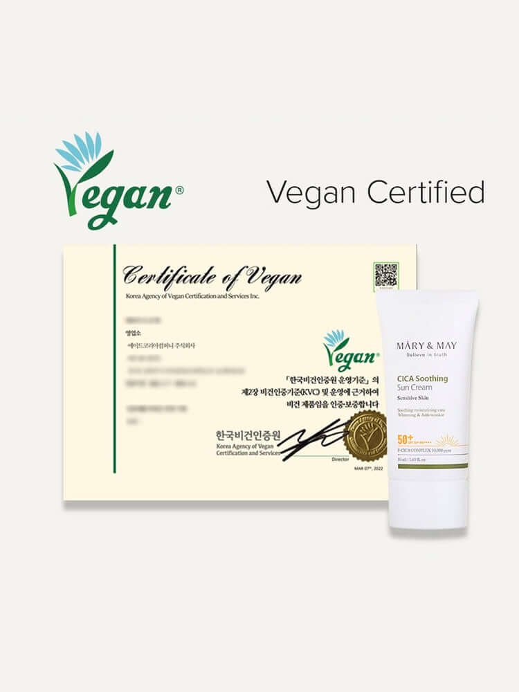MARY&MAY CICA Soothing Sun Cream 50ml with vegan certification document