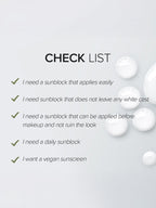 MARY&MAY CICA Soothing Sun Cream 50ml checklist for easy application, no white cast, makeup-friendly, daily use, and vegan sunscreen.