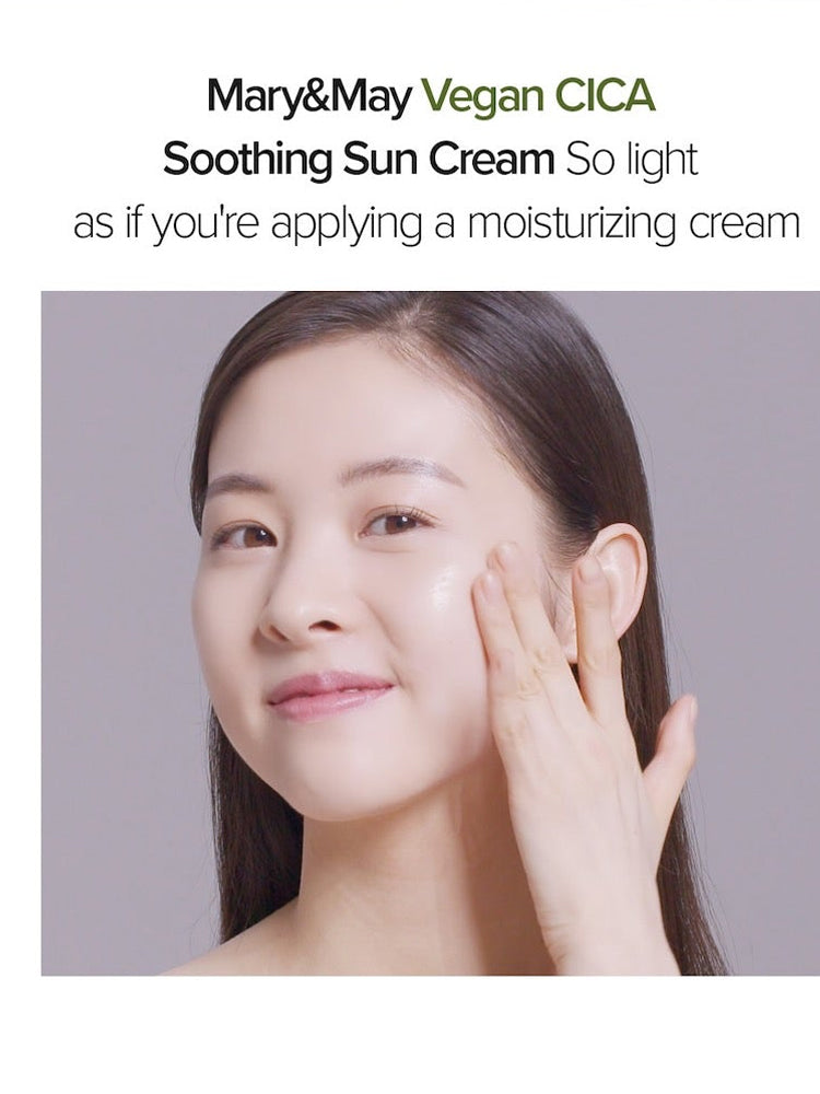 MARY&MAY CICA Soothing Sun Cream 50ml SPF50+/PA++++ applying lightweight sunscreen like moisturizer