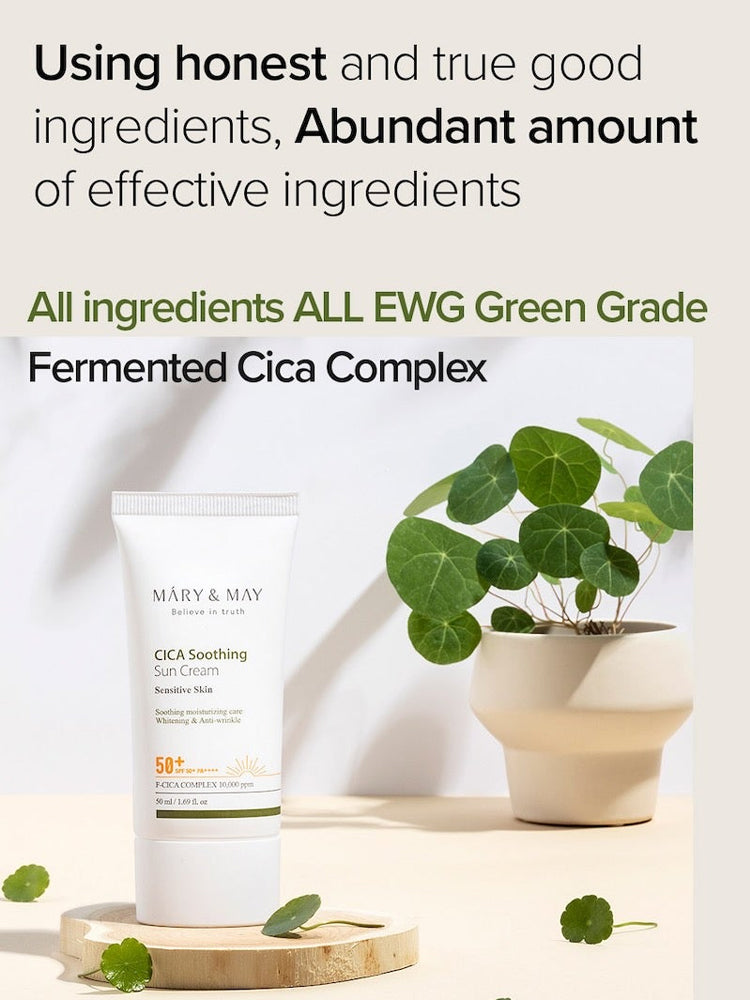 MARY&MAY CICA Soothing Sun Cream 50ml SPF50+/PA++++ with EWG Green Grade ingredients.