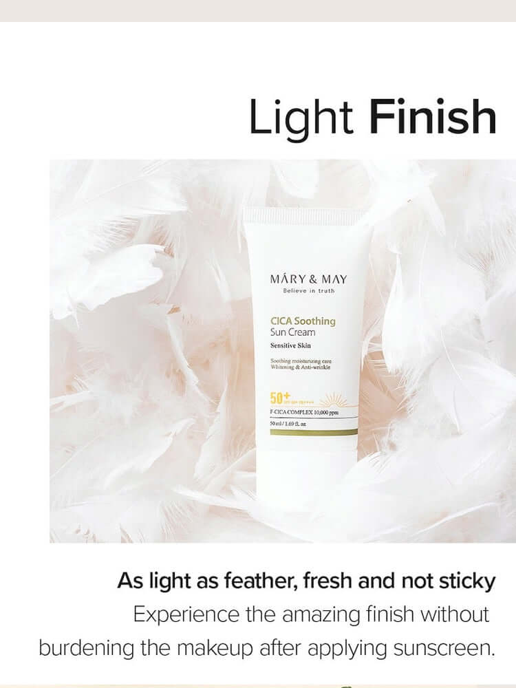 MARY&MAY CICA Soothing Sun Cream 50ml SPF50+/PA++++ on soft feathers with light finish description