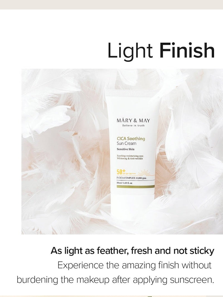 MARY&MAY CICA Soothing Sun Cream 50ml SPF50+/PA++++ on soft feathers with light finish description