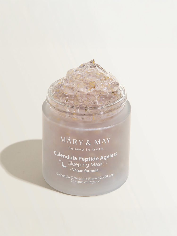 MARY&MAY Calendula Peptide Ageless Sleeping Mask in a jar with gel texture, offering overnight hydration and nourishment.